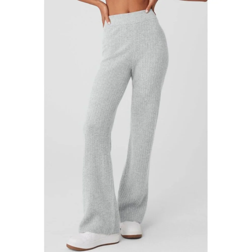 Alo Cashmere High-Waist Plush Waffle Pants Athletic Heather Grey Hi-Rise Sweater